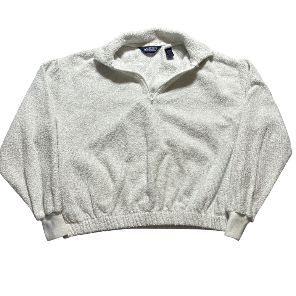 Lands End Terry Cloth Pullover Mens Large White Quarter Zip Vintage USA Made